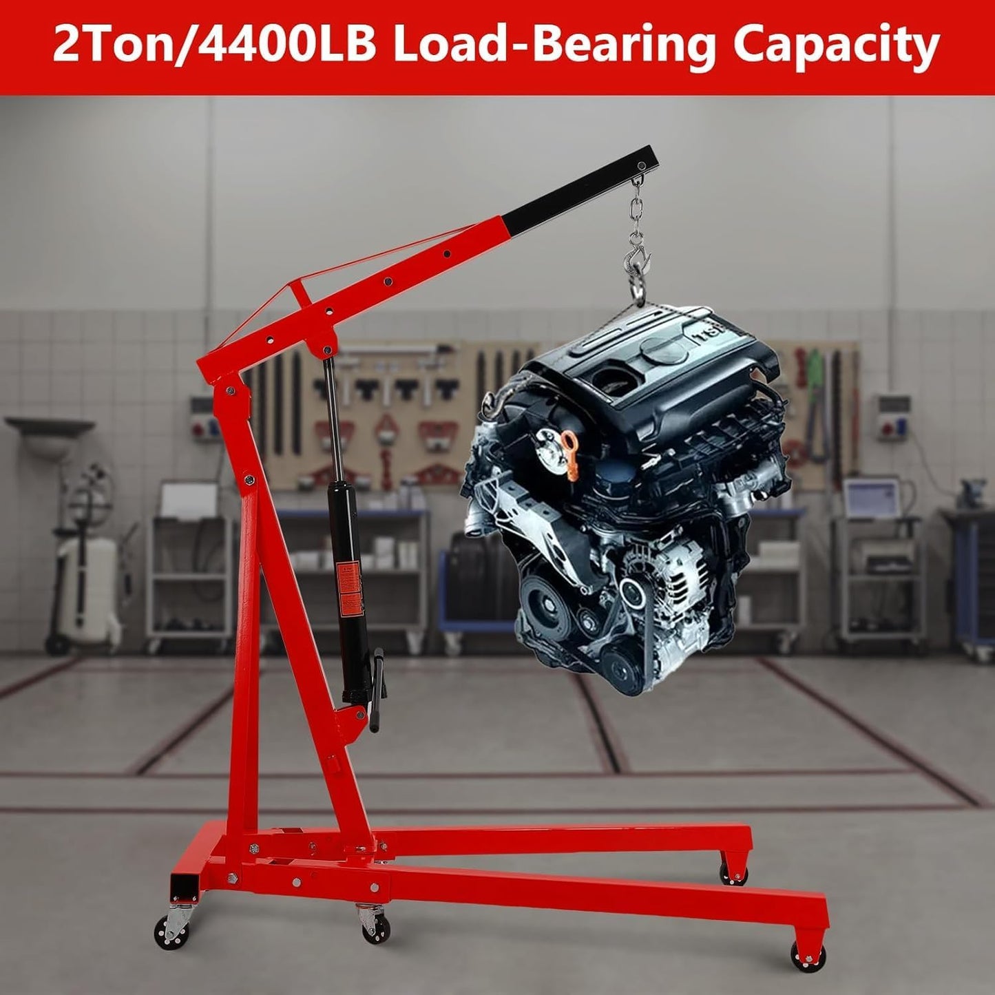 MilleLoom 2 Ton Hydraulic Engine Hoist, 4400LBS Heavy Duty Cherry Picker Engine Hoist Lift with 6 Casters, Folding Crane Lifter with Telescopic Boom, for Workshop, Warehouse, Red