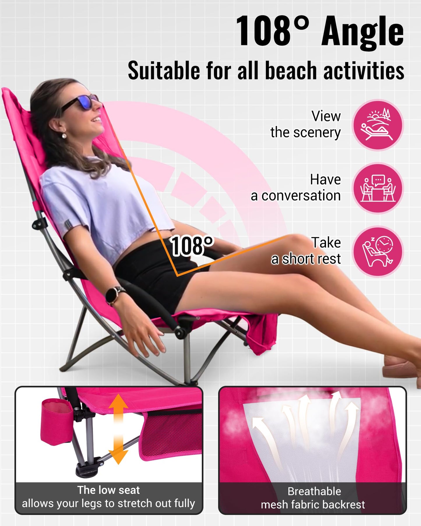 KingCamp Low Beach Chairs, Portable Folding Chair for Adults Extra Wide Ergonomic High Back Seat 300lbs Heavy Duty Lightweight Oversized Gear with Carry Bag for Outdoor Lawn Camping Picnic