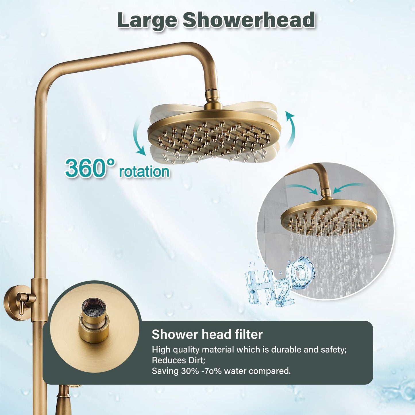 NeierThodore Antique Brass 8-Inch Bathroom Shower Faucet System Rainfall Shower Head Wall-Mounted Dual Cross Handle Bathtub Shower Mixer Tap with Hand Sprayer