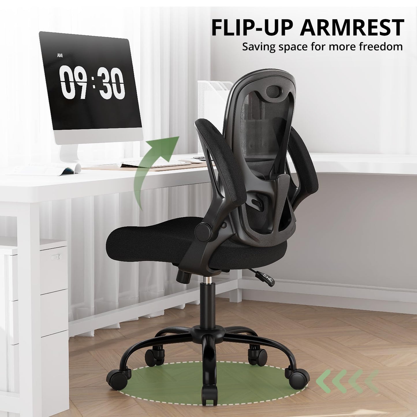Office Chair 330 lbs Capacity, Ergonomic Breathable Mesh Desk Chair with Lumbar Support & Flip-Up Armrest, High Back Computer Chair for Home Office, Black
