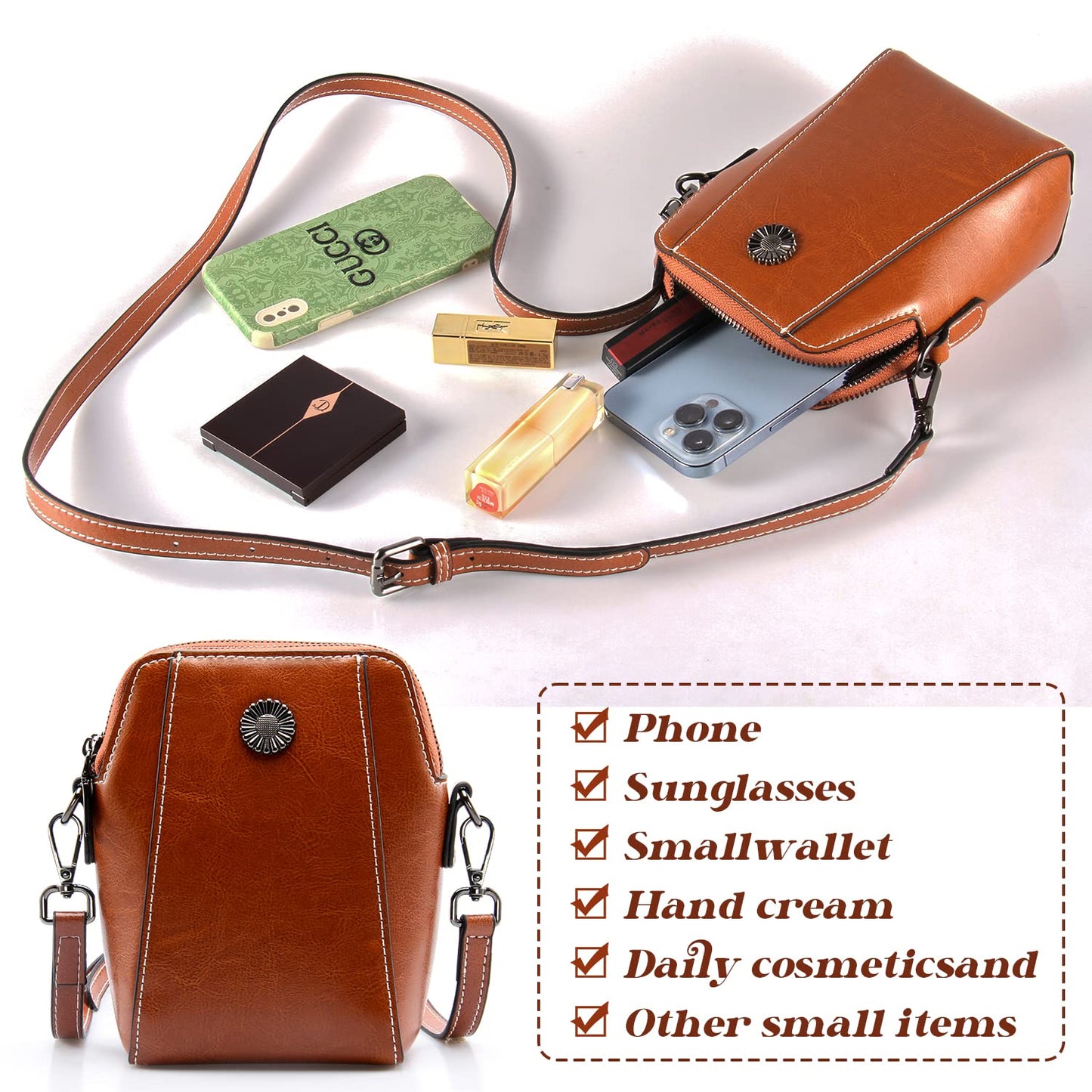 Plinvo Designer Small Leather Crossbody Purse, Soft Shoulder Handbag for Women & Gift (Brown)