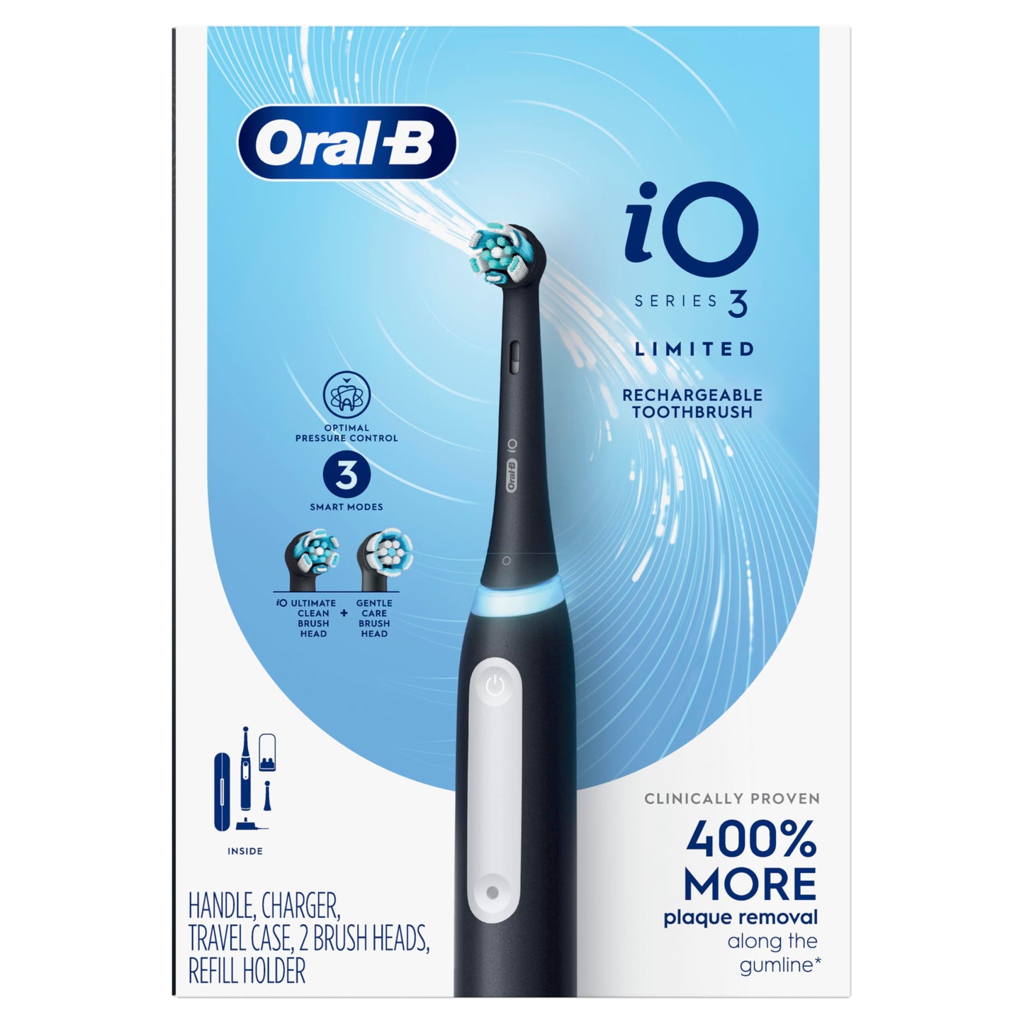 Oral-B Rechargeable Electric Toothbrush, iO3 Limited Deep Clean, 3 Cleaning Modes, Visual Pressure Sensor to Protect Gums, 2 Brush Heads, Travel Case, Black