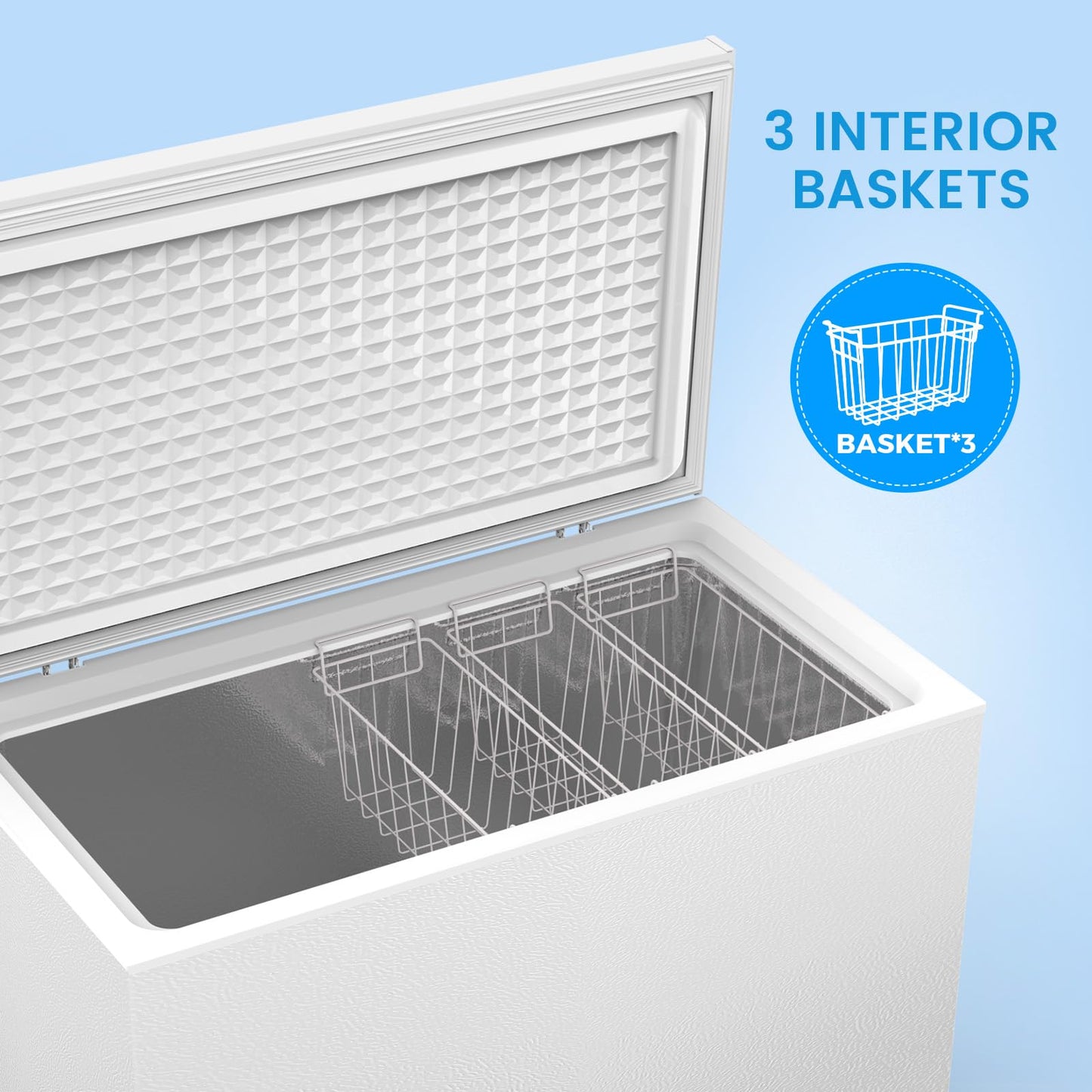 COWSAR Chest Freezer 10.0 Cubic Feet Freezer with 3 Removable Baskets, 7-Level Adjustable Temperature, Free Standing Top Open Door Deep Freezer, Compact, Front Drain, White