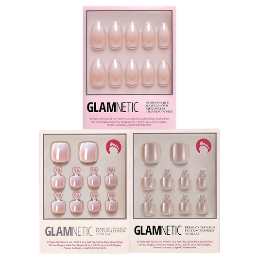 Glamnetic Press-On Nails Bundle - Azure Blue, Hailey & Fairy Dust | Bright Blue Round Fake Nails | Glazed Almond False Nails | Short Oval Beige-Pink Nails with a Metallic Finish