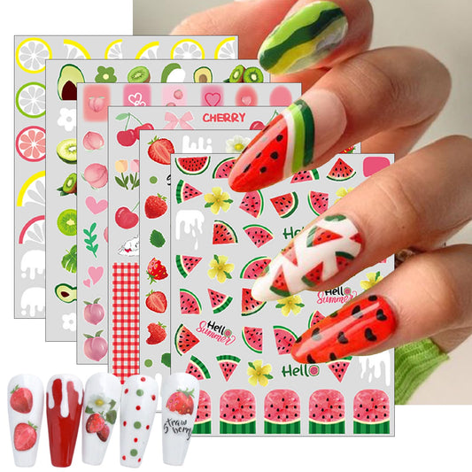 6 Sheets Fruit Nails Stickers Summer Nails Art Stickers 3D Self Adhesive Colorful Fruit Nail Decals Cute Fruits Strawberry Watermelon Cherry Nail Design Nail Art Supplies for Women Nail Decorations