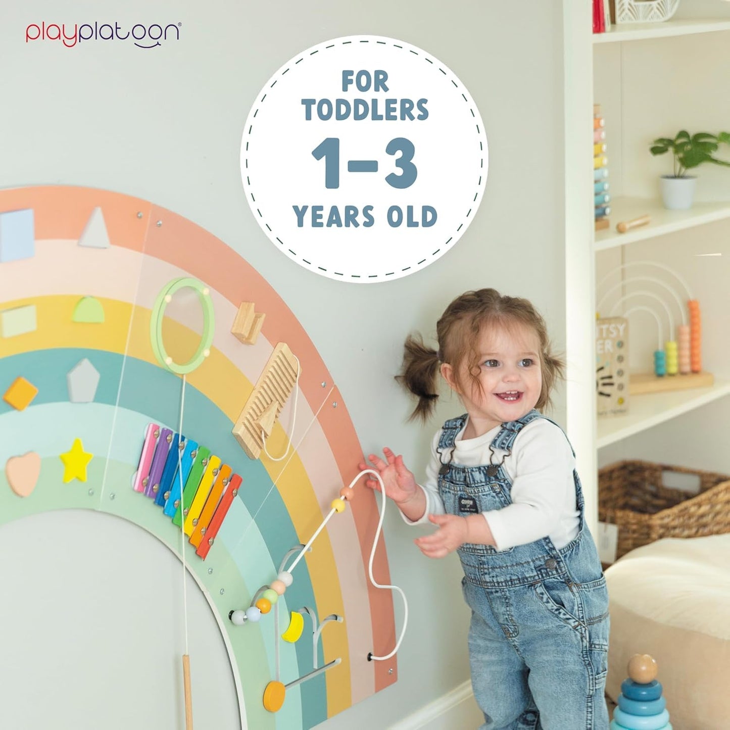 Play Platoon Kids Sensory Wall Panel, Activity Wall Busy Board Toys for Toddlers 1-3, Sensory Board - 64x32 inch Neutral Wooden Rainbow with 11 Activities for Montessori Playroom