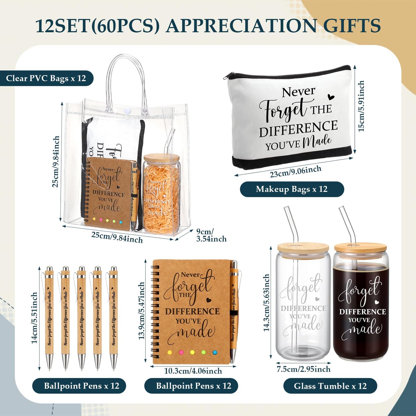 Yeyeplum 60 Pcs Employee Appreciation Gifts Bulk Inspirational Glass Cup Makeup Bag Bamboo Pen Motivational Notebook and Bag for Volunteer Lab Week Teachers Nurses Office Staff (Never Forget)