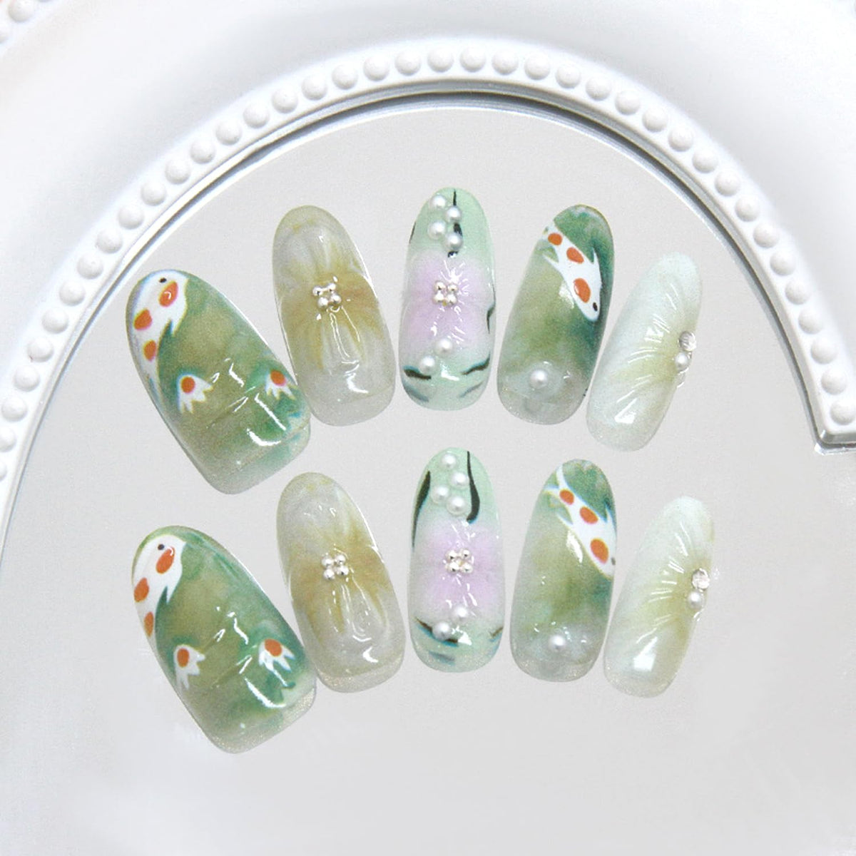 30Pcs Flower Press on Nails Medium Almond Fake Nails Press on 3D Pearl Design Koi Fish False Nails Green Smudge Glossy Full Cover Cute Floral Koi Reusable Spring Summer Acrylic Glue on Nails for Women