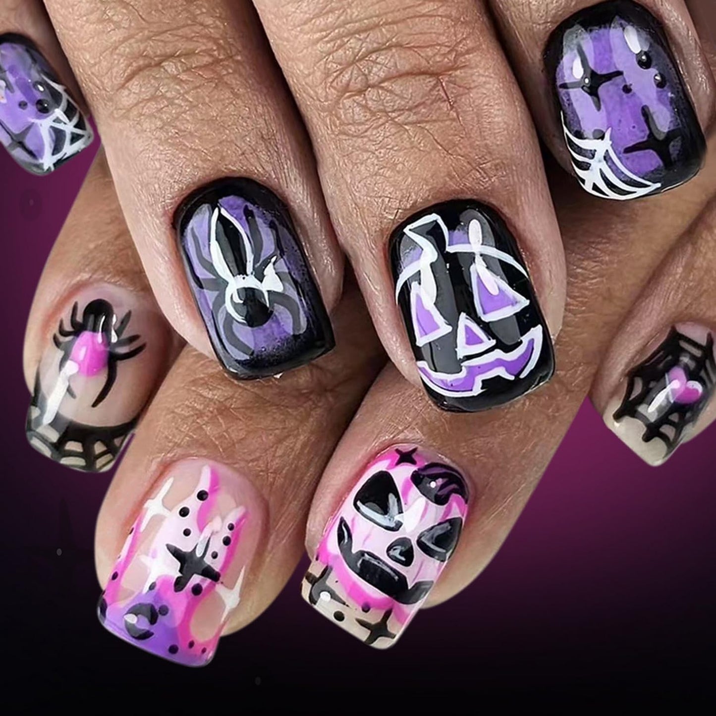 24pcs Halloween Press on Nails Short Square Fake Nails with Pumpkin Spider Web designs Acrylic Nail Pink Purple Press ones Glossy Full Cover Spooky Party Nail Accessories for Women Girls Finger