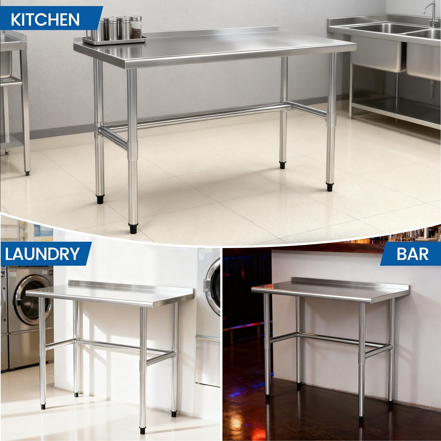 Chingoo Open Base Stainless Steel Work Table 30x36 Inch with Backsplash, Heavy-Duty Prep Table for Commercial Restaurant, Kitchen, Bakery, or Garage