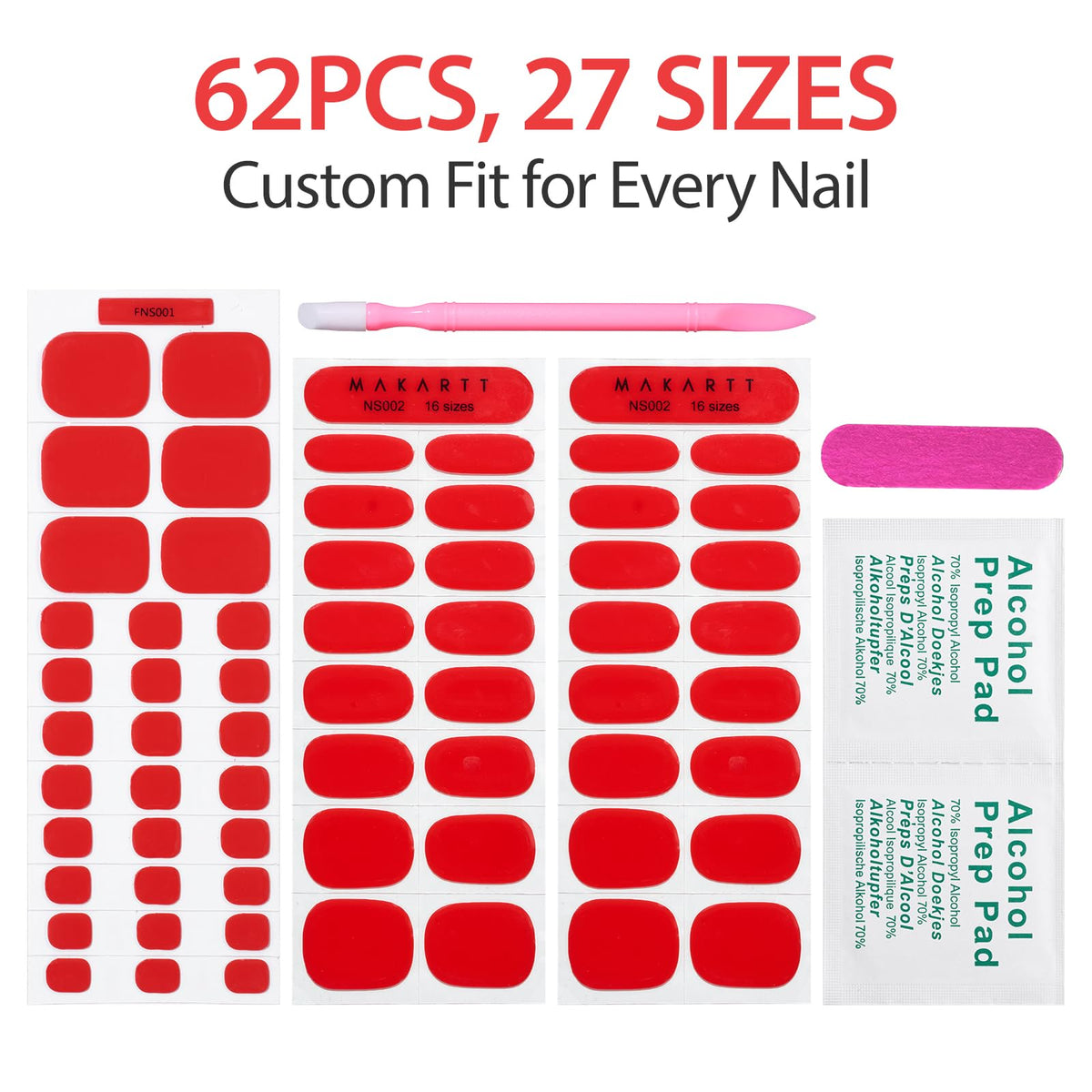 Makartt Semi Cured Gel Nail Strips Kit – 2 Hand Sets + 1 Toe Set, Real Gel, Hema & TPO Free, 16 Sizes Anti-Lift Fit, UV Required, Long Wear, Dual-Ended Tool & Prep Kit (Classic Red)