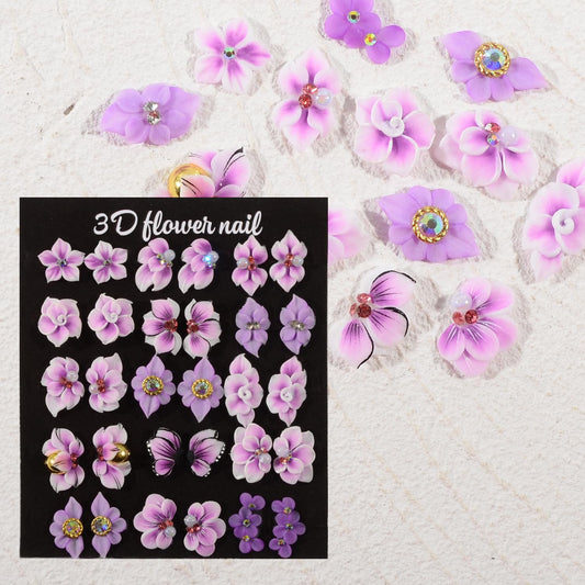 30PCS 3D Handmade Flower Nail Art Charms Advanced Handcrafted Cherry Blossom Flower Colorful Sculpted Floral Nails with Rhinestone Caviar Beads Design for Women Profession Nail Art Craft Jewelry