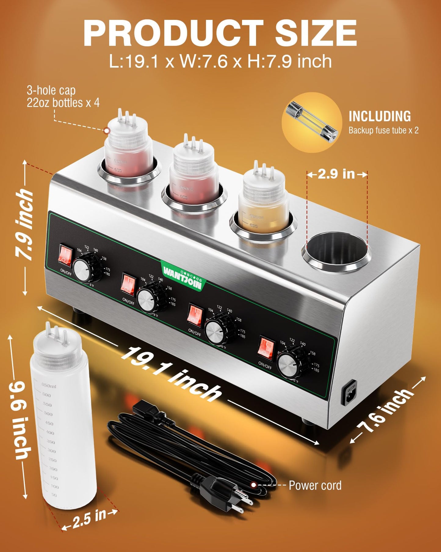WantJoin Electric Sauce Warmer Dispenser, Countertop Stainless Steel Sauce Heat Preservation Machine 640W Hot Fudge Nacho Cheese Ketchup Chocolate Warmer for Commercial with 650ml Squeeze Bottle*4