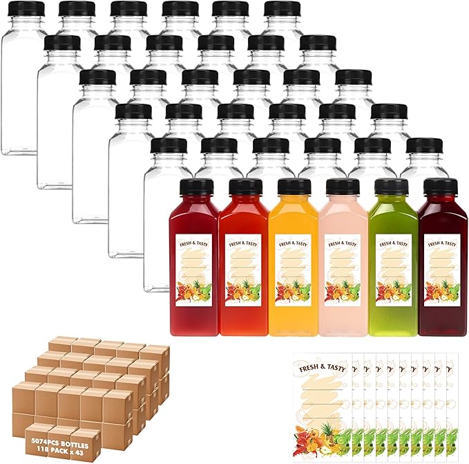 BAKHUK BAKHUK5074pcs 12oz Empty Plastic Juice Bottles with Caps, Plastic Water Bottles with lids, Reusable Clear Bulk Beverage Containers for Juice, Milk and Other Beverages