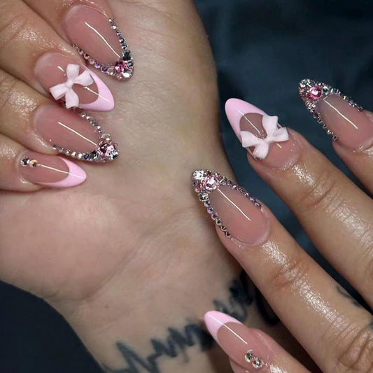 24Pcs French Tip Press on Nails with Pink Bow Design French Nails Press ons Cute Bow Stick on Nails Short Acrylic Rhinestone Sparkly False Nails Gel Glue on Nails Artificial Nails for Women Girls