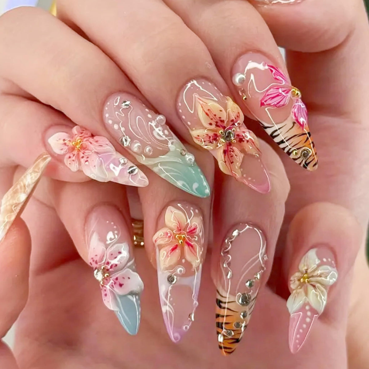Long Press on Nails Almond Fake Nails Colorful Artificial Nail 3D Pink Flowers and Pearl Designs Summer Beach Stick on Nail for Women 24pcs