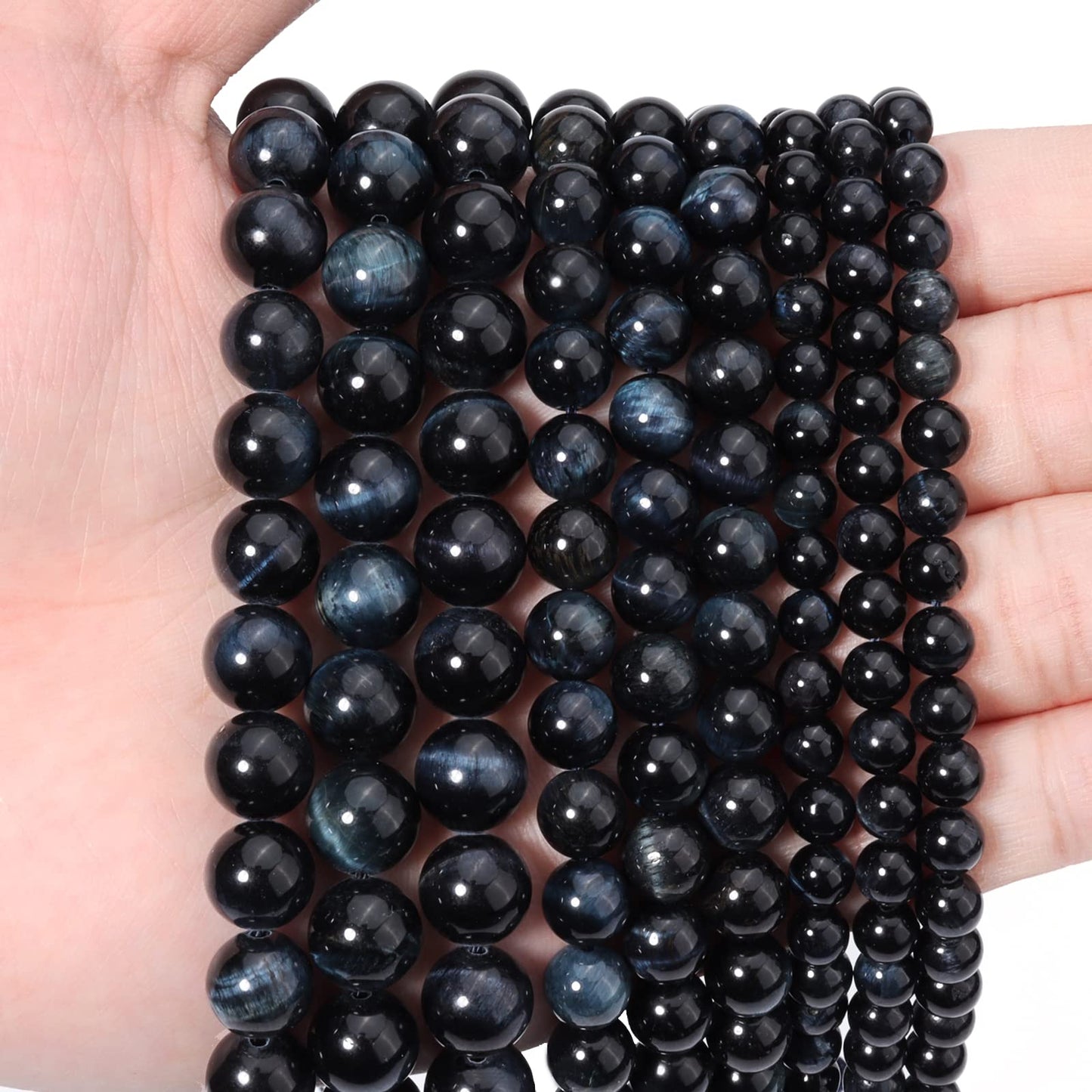 35pcs 10mm Natural Blue Black Tiger Eye Gemstone Beads Energy Healing Crystal Round Loose Stone Beads for Jewelry Making, DIY Bracelets Necklaces