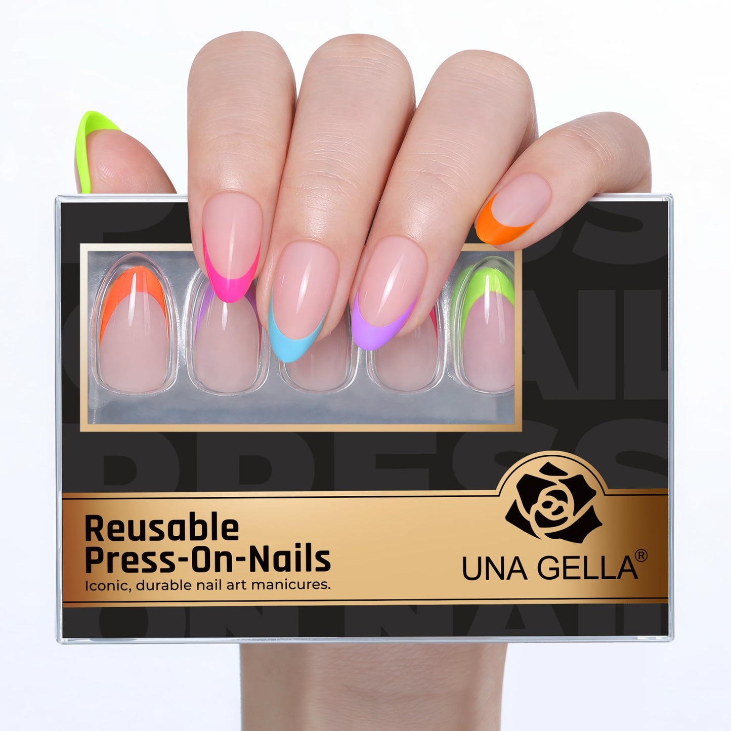 UNA GELLA 32Pcs Soft Gel Press on Nails - 16 Sizes Spring Summer French Tip Almond Glue on Nails, Reusable Neon Pastel Rainbow False Nails, Full Cover Acrylic Nail Kit for Women DIY Home Manicure