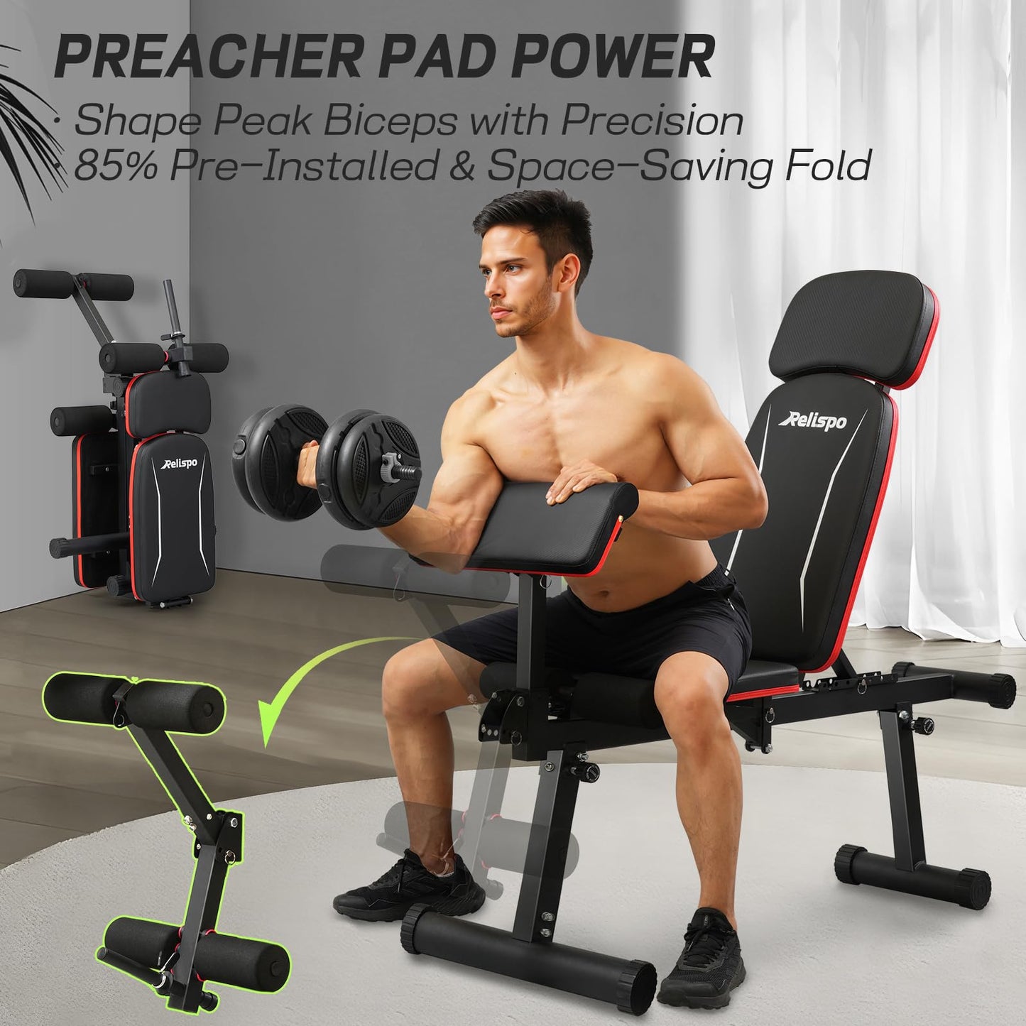 Relispo Upgraded Adjustable Weight Bench with Leg Extension and Leg Curl, 9 Back Positions & Foldable, 1200LB Workout Bench for Home Gym, Flat Decline Incline Bench for Full-Body Strength Training & Big Guys