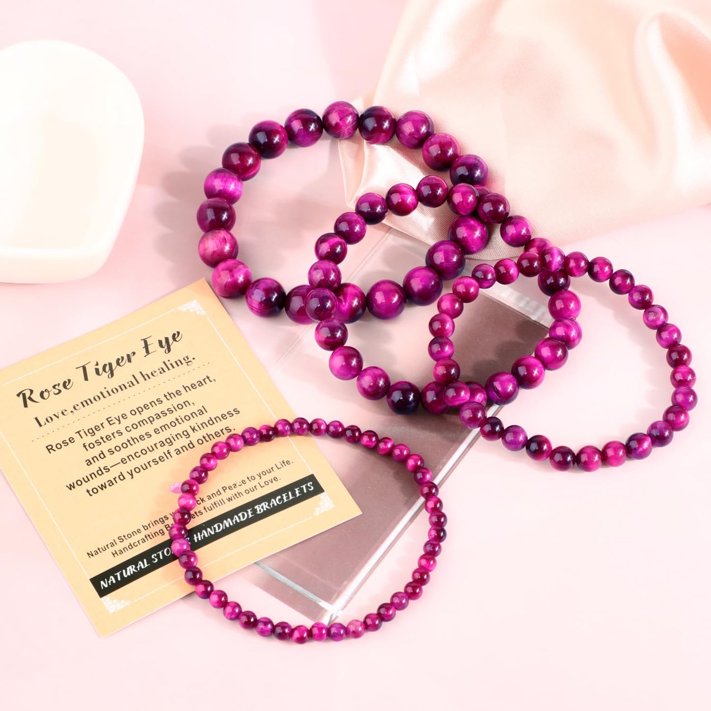 AD Beads 8mm Handmade Rose Tiger Eye Elastic Bracelet – Natural Gemstone for Love,emotional healing. – Meditation, Yoga, Healing and Energy Gift for Men Women