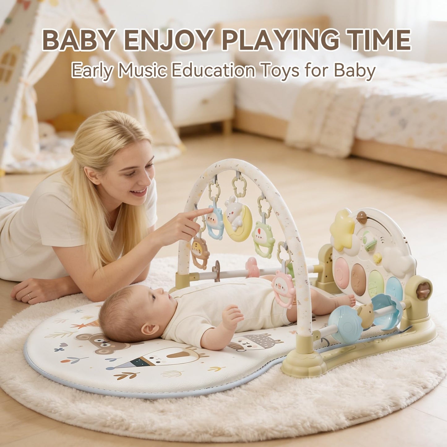 YOULEBITOYS Baby Play Gym Mat - Funny Play Piano Activity Playmat with 5 Infant Learning Detachable Toys for Sensory Development, Music and Lights Tummy Time Mat Newborns Gifts for 0-12 Months