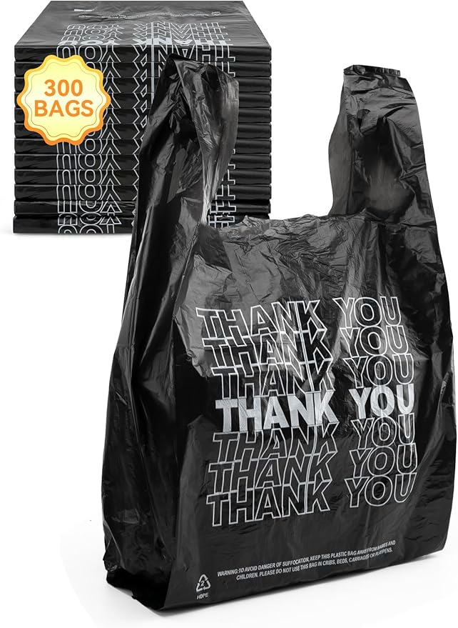 UMT Plastar 300 Count Thank You Plastic Bags, 12" x 6" x 22", 15 Mic Black T Shirt Grocery Bags with Handles, Ideal for Restaurants, Retail, Grocery Stores, Takeout, Convenience Stores