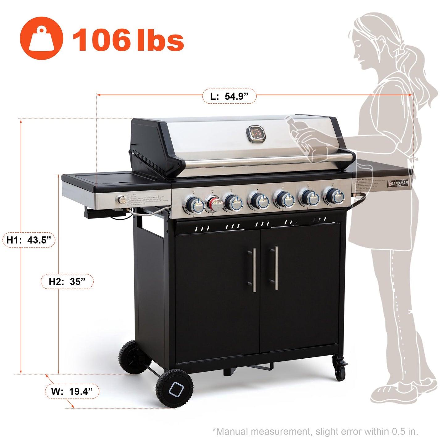 Brand-Man 6-Burner Propane Gas Grill with Infrared Sear Side Burner, Porcelain-Enameled Cast Iron Diamond-Pattern Grates & Griddle, BBQ Station with Storage Cabinet and Side Table for Barbecue
