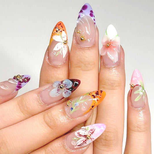 24Pcs Flower Press on Nails Medium Almond French Tip Fake Nails 3D Embossed Diamond Floral Nail Art with Romantic Almond Shape Handmade Stick on Nails French Nails for Women Manicure