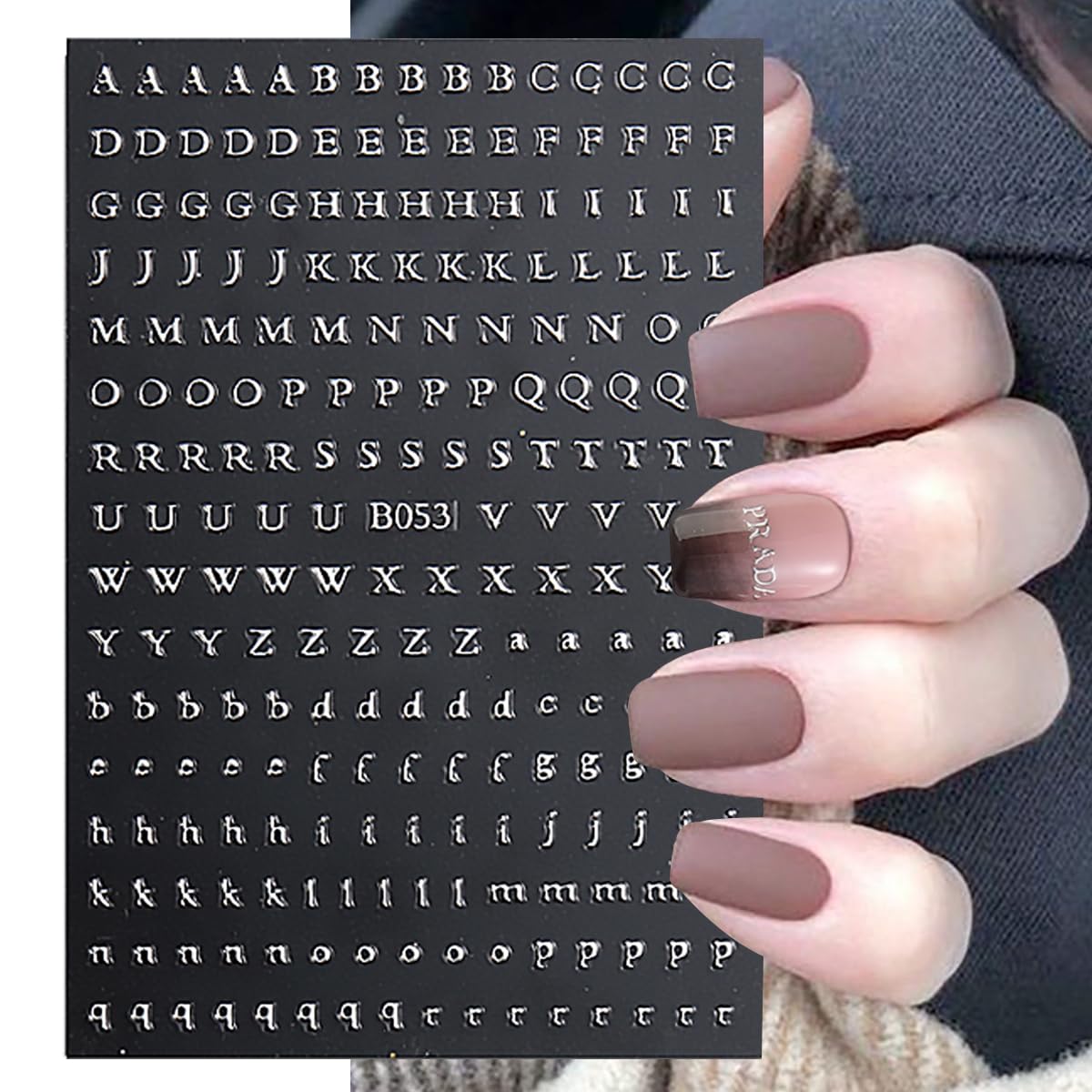 8 Sheets Letter Nail Design Stickers - 3D Self-Adhesive Nail Art Stickers in Black, White, Gold, Silver - English Letters Nail Decals for Women and Girls - DIY Nail Decor