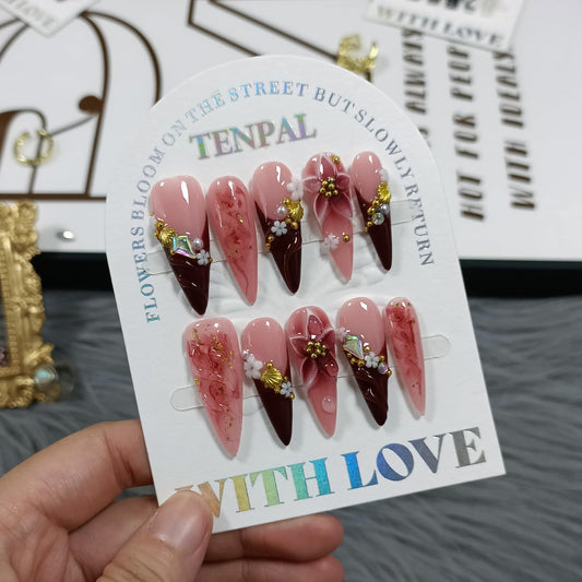 TENPAL Handmade Press on Nails Long Stiletto - Burgundy French Tips 3D Floral Embossed Glossy False Nails for Women Girls Fall Winter- Glossy Acrylic Y2K Nails for Parties Date Daily Wear(S)