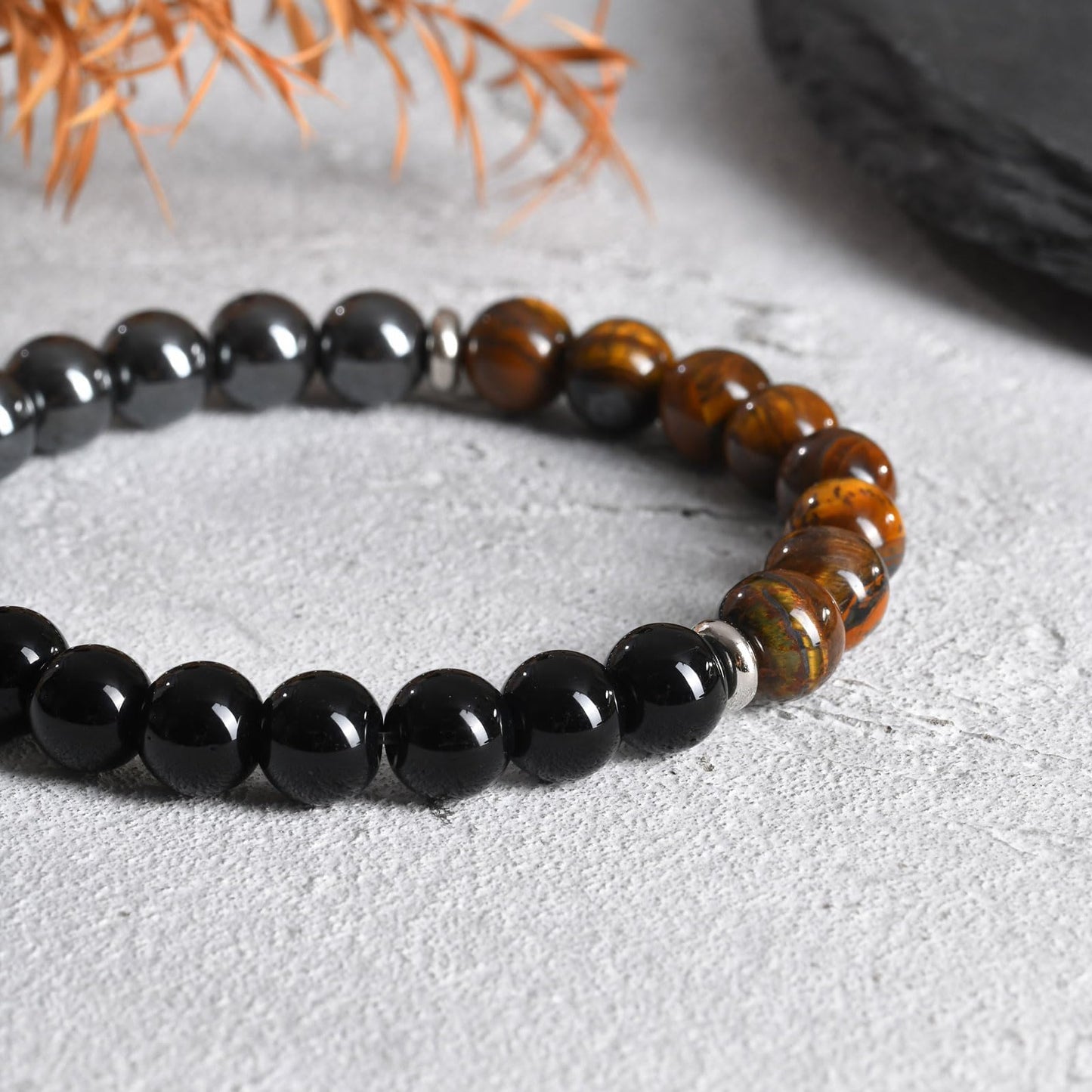 FUTPLOR Triple Protection Bracelet (Tiger Eye Stone,Black Tourmaline,Hematite), 8mm Beaded Bracelets for Men Women, Elastic Bracelets 17cm/ 6.69in