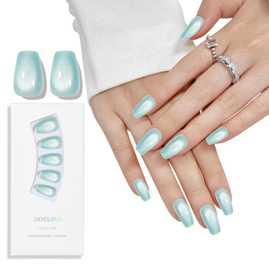Blue Cat Eyes Press On Nails,12 Sizes - 24 Pcs Soft Gel Blue Medium Coffin Fake Nails Kit with Nail Glue, Natural Reusable Stick On False Nails for Women and Girls (Skycloud Catseye Blue) SK0718