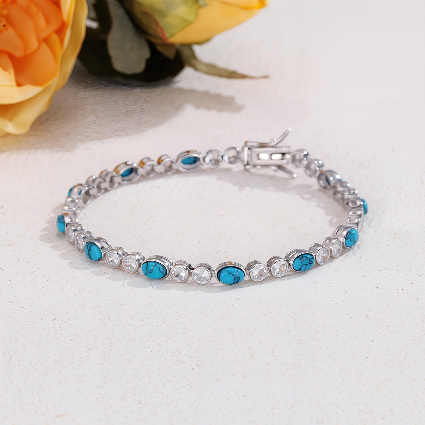 PEIMKO 925 Sterling Silver Oval Turquoise Exquisite Tennis Bracelet with CZ Boho Style Bracelet Jewelry Gifts for Women Mother