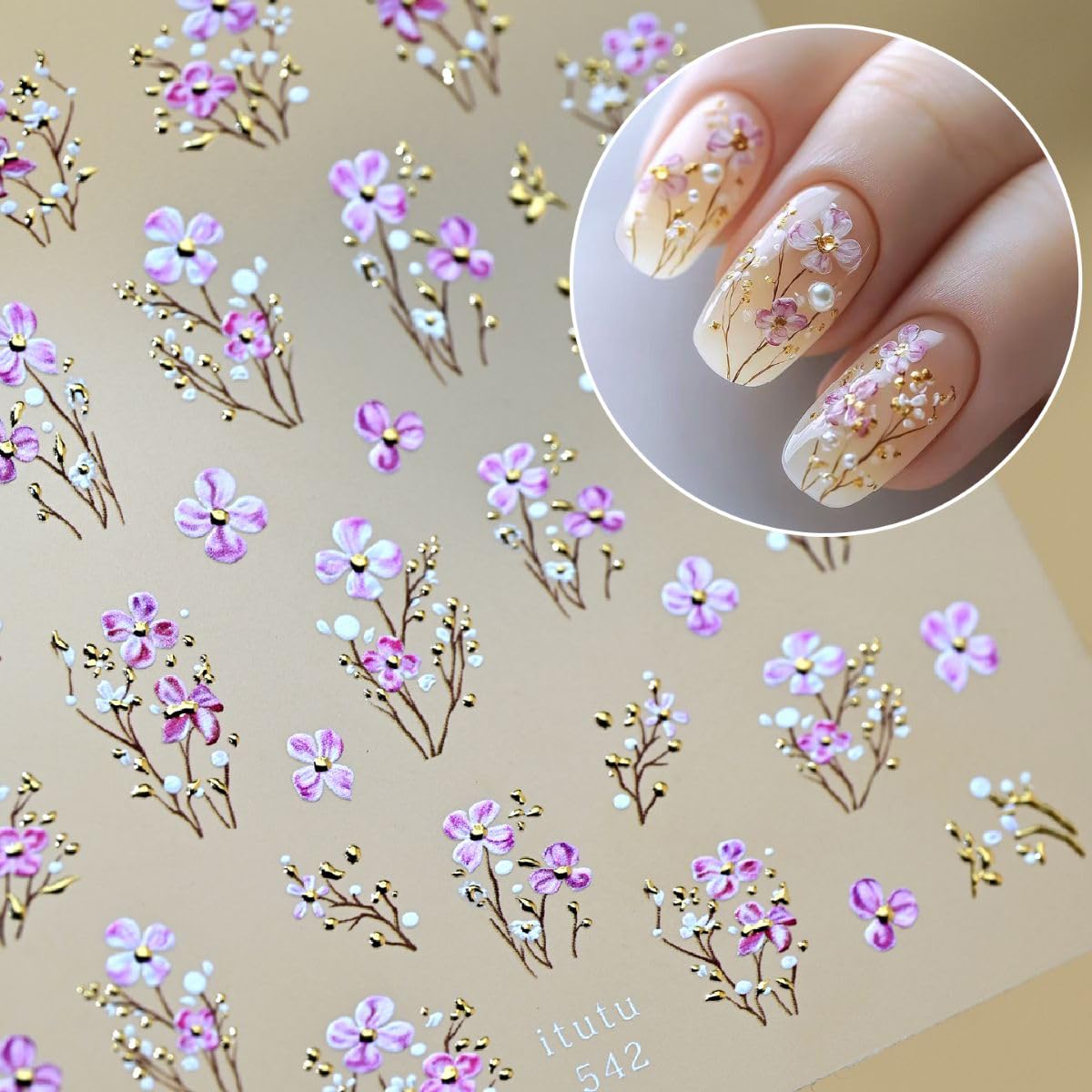 Flowers Nail Stickers 5D Embossed Purple Nail Art Stickers Self-Adhesive Spring Summer Nail Decals for Women Girls DIY Manicure 1 Sheet