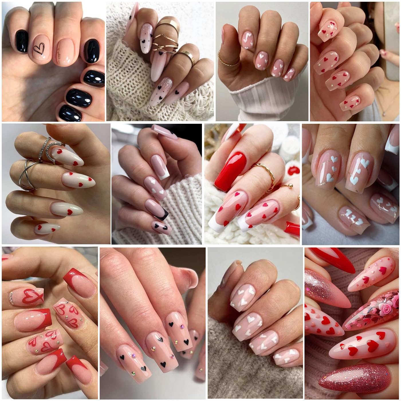 6PCS Valentine's Day Heart Nail Stickers - Love Art Supplies, 3D Self-Adhesive Decals, Black Red White Gold Design DIY Manicure Decor for Women