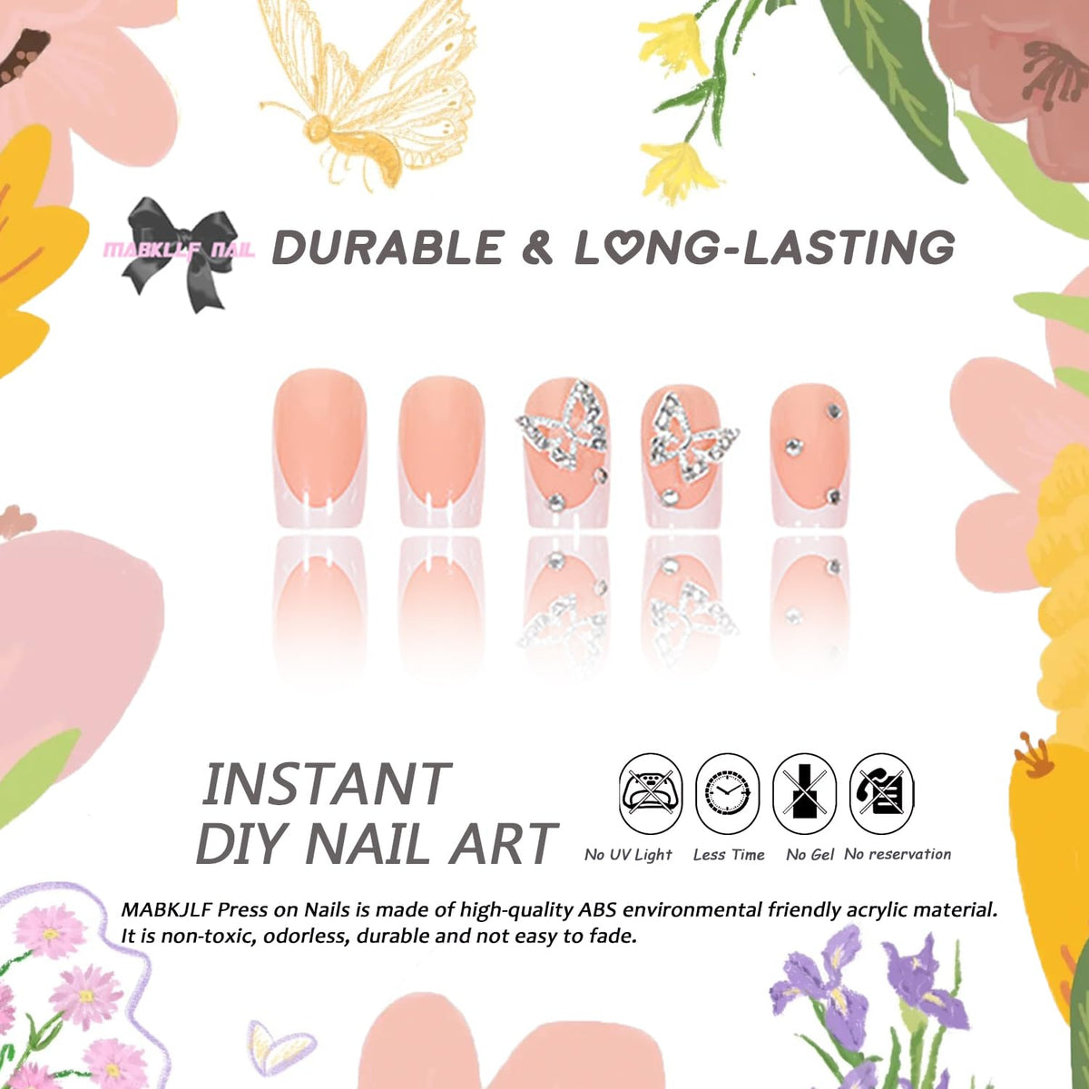 Press on Nails Extra Short Square MABKJLF French Tip Fake Nails Nude Full Cover Glue on Nails Rhinestones False Nails Butterfly Charm Acrylic Nails Stick on Nails Artificial Nails for Women Girls