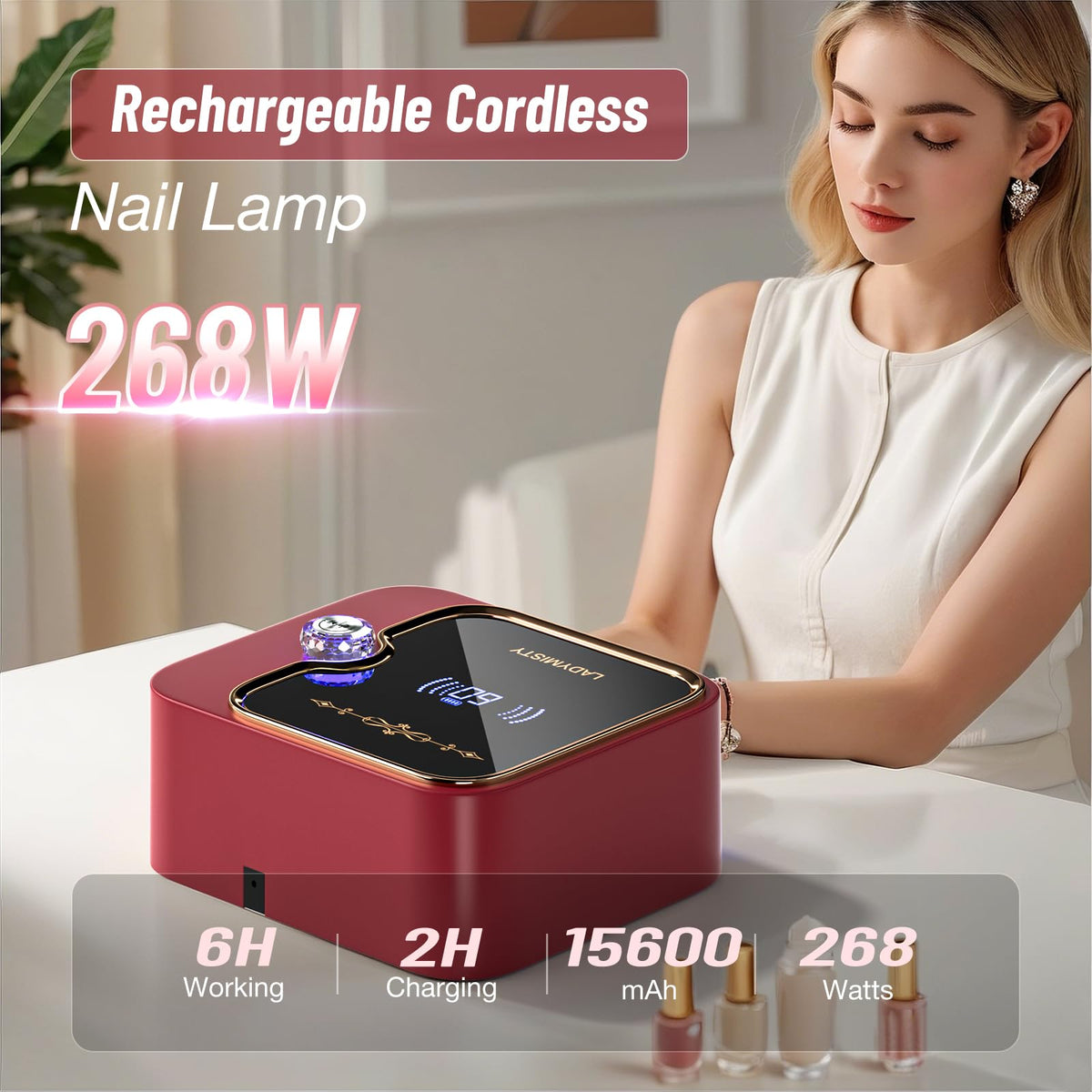 LadyMisty 268W Low Heat UV Nail Lamp Cordless, Fast Curing Rechargeable LED Nail Lamp with LCD Display & Knob, No Burn Professional Nail Dryer for Gel Polish Home Salon Gifts for Women