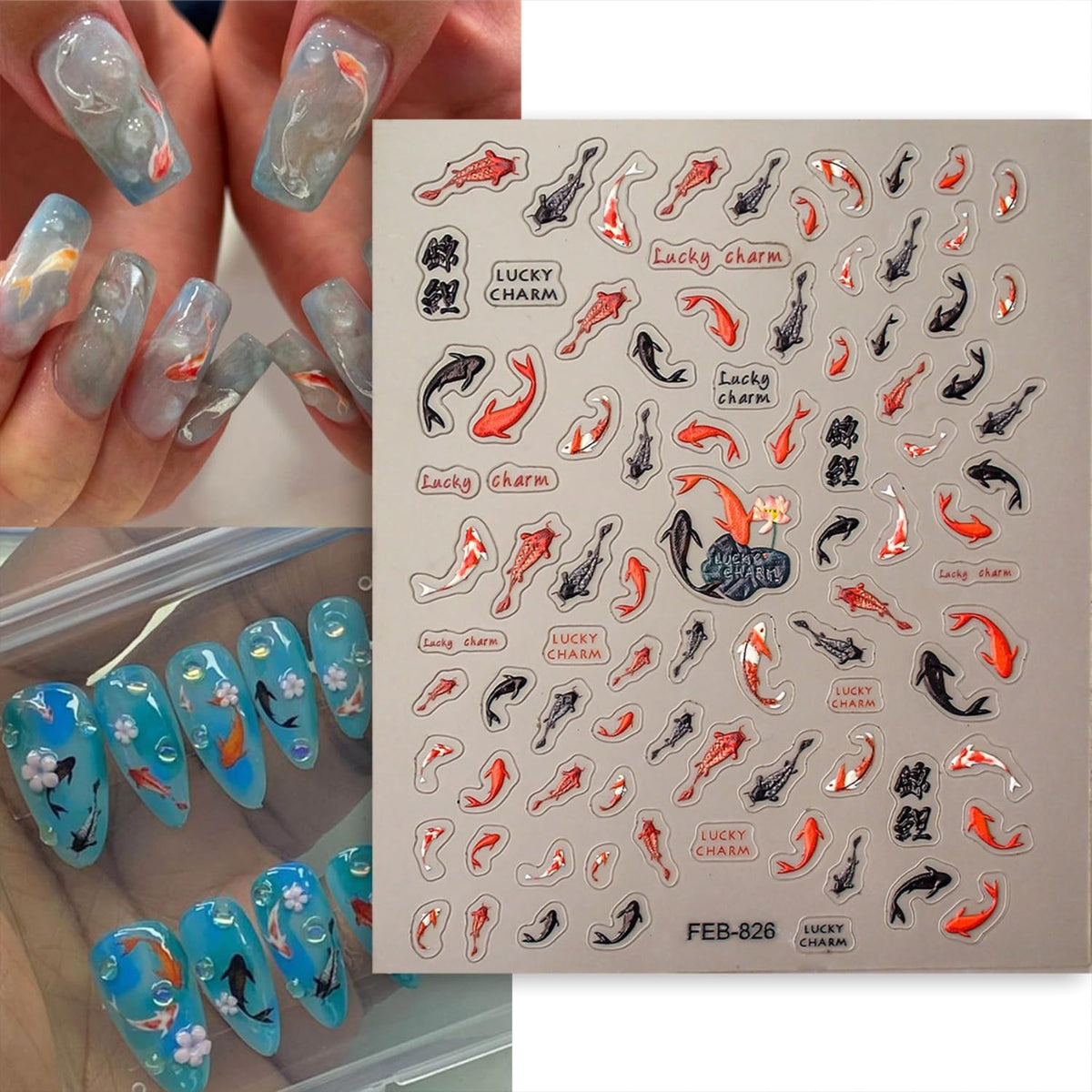 Spring Summer Nail Art Stickers 5D Embossed Nail Decals for Acrylic Nails Black Red Koi Fish Nail Stickers for Nail Art Self Adhesive Nail Design Supplies for Women Girls