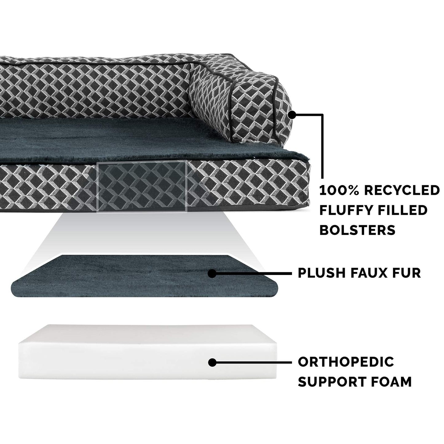 Furhaven Orthopedic Dog Bed for Large Dogs w/ Removable Bolsters & Washable Cover, For Dogs Up to 125 lbs - Plush & Woven Decor Comfy Couch Sofa - Diamond Gray, Jumbo Plus/XXL