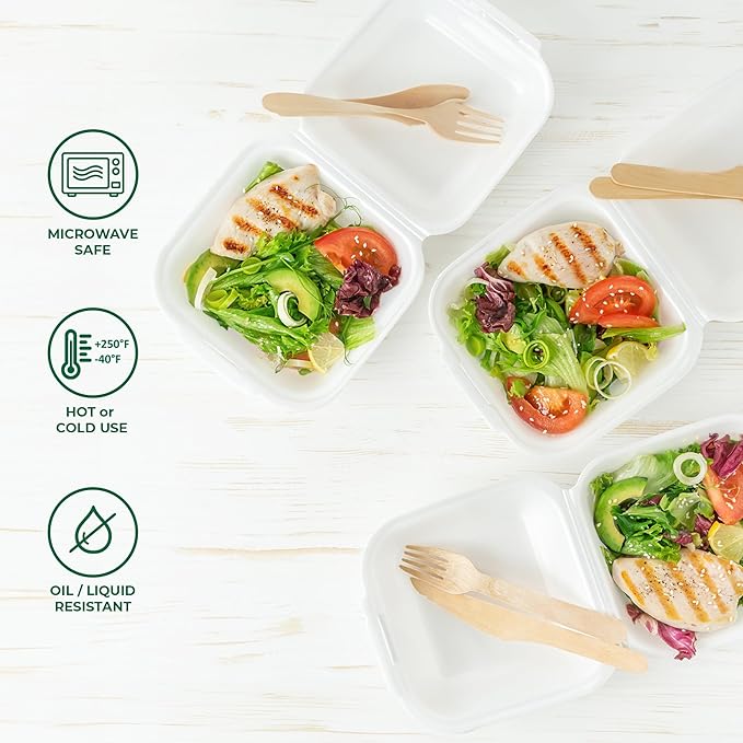 Freshware Clamshell Food Containers with Lids [6x6 50-Pack] Disposable To Go Containers, Biodegradable Sugarcane To Go Boxes - Paper Container - Microwave & Freezer Safe, Stackable