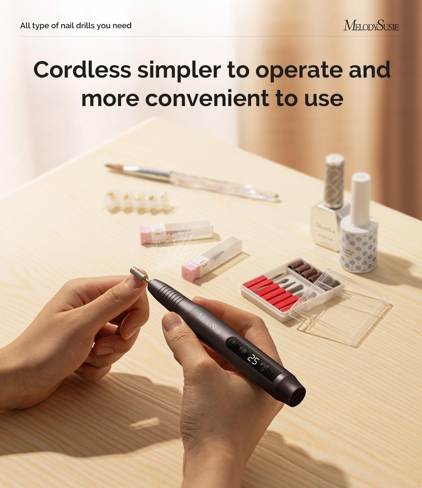 MelodySusie Pen-Shaped Portable Cordless Nail Drill,PC180G 25000RPM Rechargeable Electric File with LED Display for All Nail Care, Manicure Shaping & Acrylic Gel Removal for Nail Artists DIY at Home