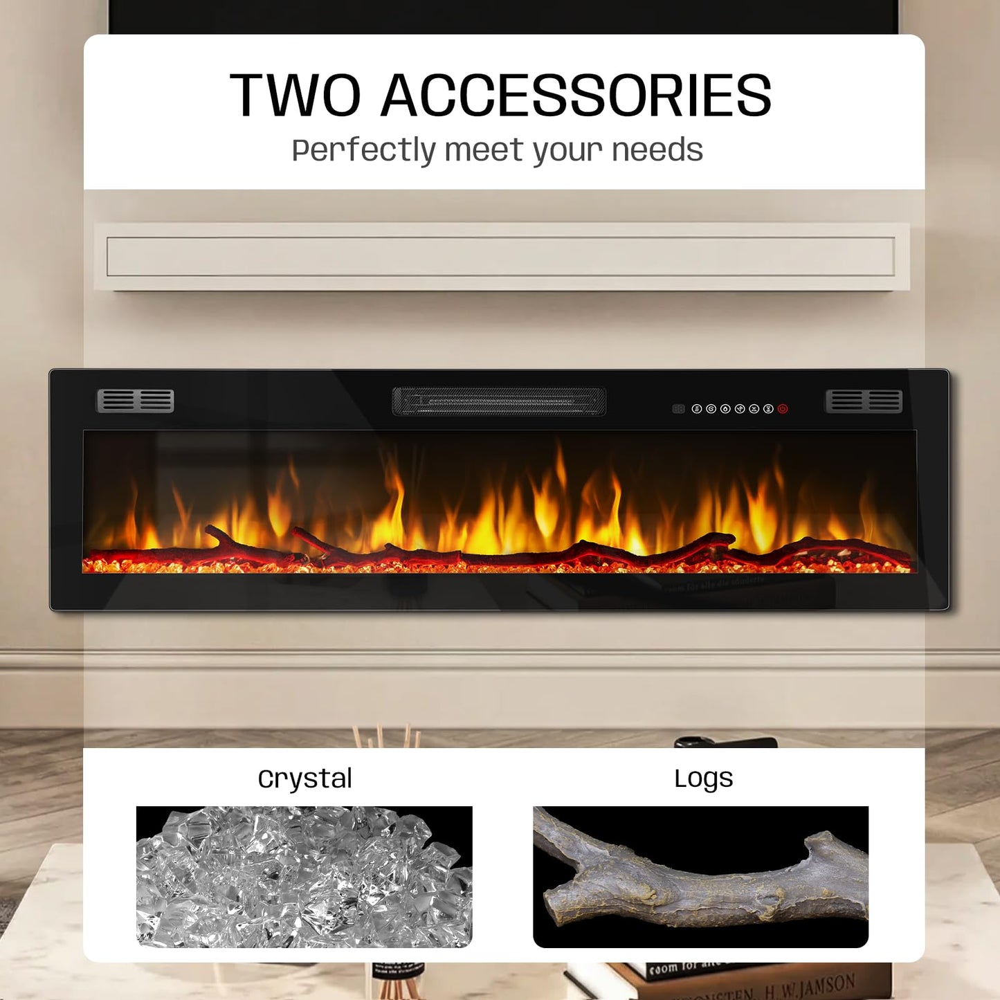 Tornivk 72 Inch Electric Fireplace Heater,Wall Mounted/Recessed Electric Fireplace Insert,Ultra-Thin 750/1500w in Wall Fireplace Electric with Remote Control,Logs,Crystal for Bedroom,Livingroom
