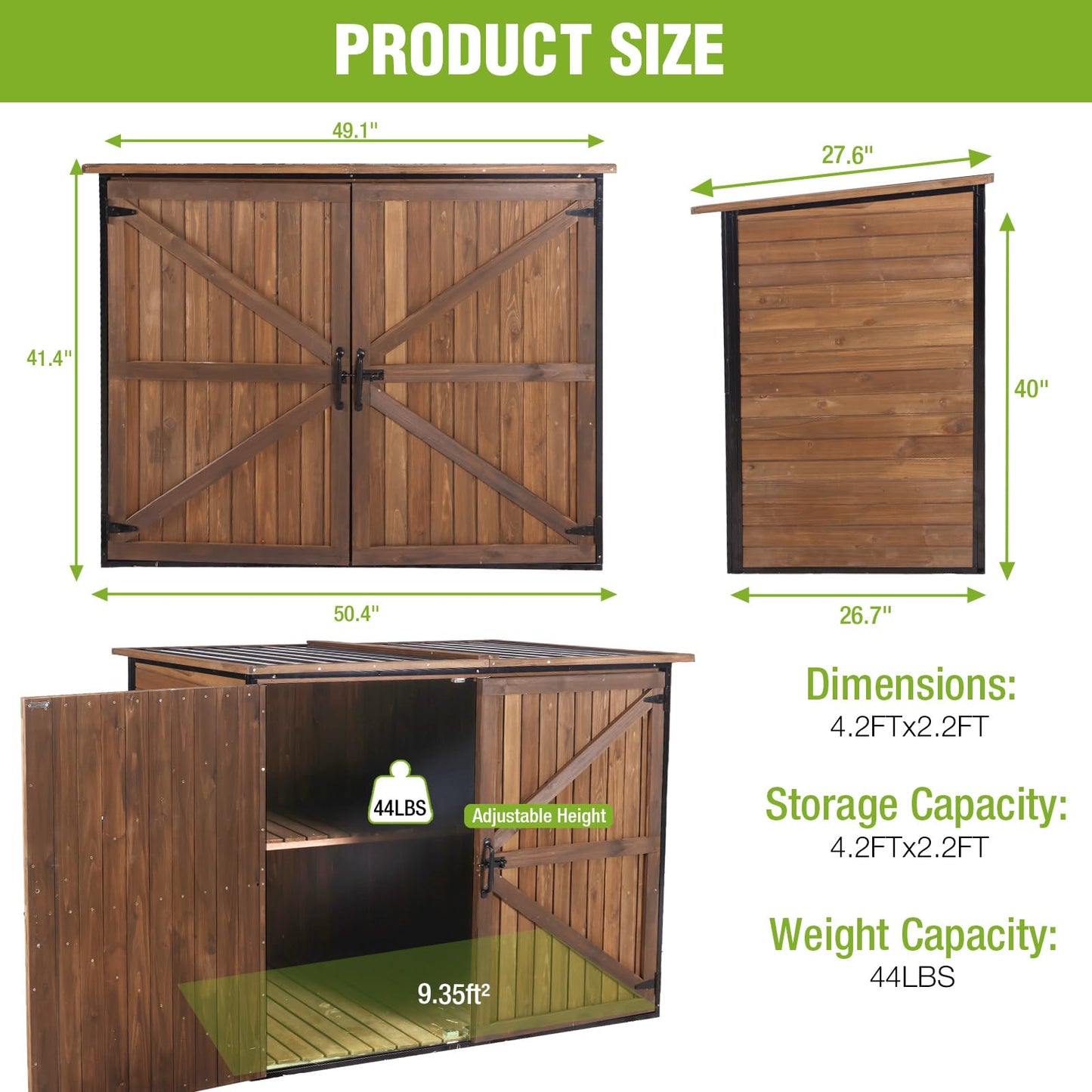 Joyqinchen Outdoor Storage Shed with Strong Metal Frame, Wooden Garden Sheds with Adjustable Shelves and Removable Floor, Weatherproof Outdoor Trash Can Shed, Horizontal Storage Cabinet for Patio