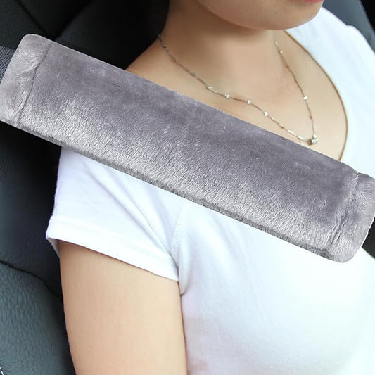 Amooca Soft Faux Fur Universal Fit Seatbelt Cover Car Truck SUV Airplane Seat Belt Shoulder Pad for Carmera Backpack Straps Neck Cushion Protector 2 Pack 10.5in Light Silver Grey