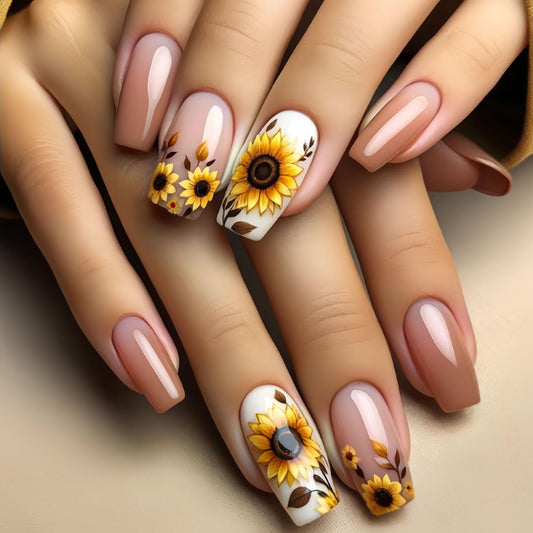 FIEONCIY Press on Nails Square Shaped Glossy Full Cover Acrylic Medium Length Square False Nails with Designs Artificial Short Coffin Fake Nails with Charms Glue ons Fingernails for Women Girls(Y490)