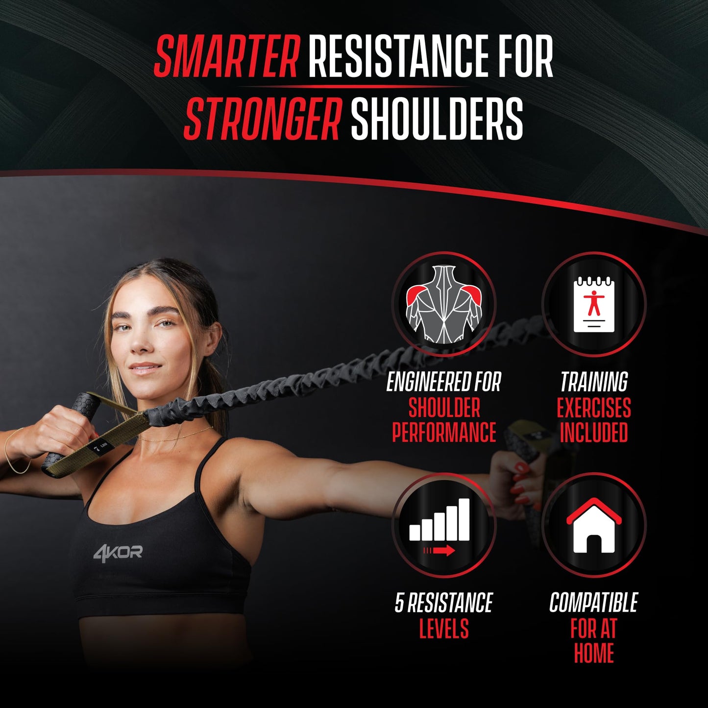 4KOR Cross Anchor Shoulder Performance Training System. Resistance Cords with Handles and Dynamic Workout Guide. Exercise Bands with Nylon Sleeves, Rubber Grips, and Carry Bag for Rehab and Strength