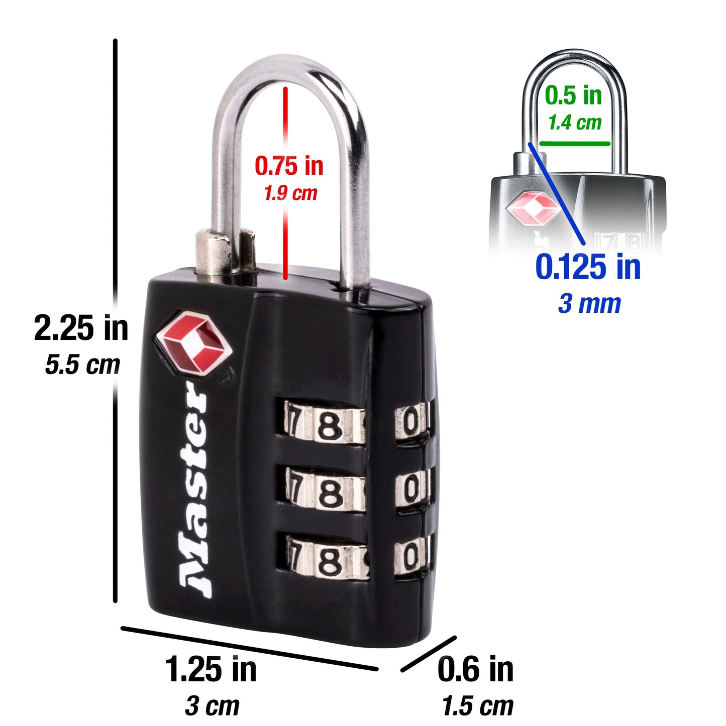 Master Lock Black TSA-Approved Luggage Lock with Wide Lock Body and Thin, Durable Steel Shackle, Zipper Lock for Backpacks, Luggage, 4680DBLK