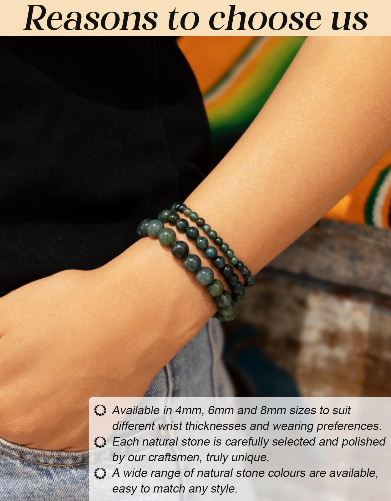 Landorilo Beaded Bracelet for Men Women, 6mm Natural Stone Moss Agate Healing Crystal Stretch Bracelets, Ideal Christmas Birthday Jewelry Gifts with Energy Card，Replacement Beads Included