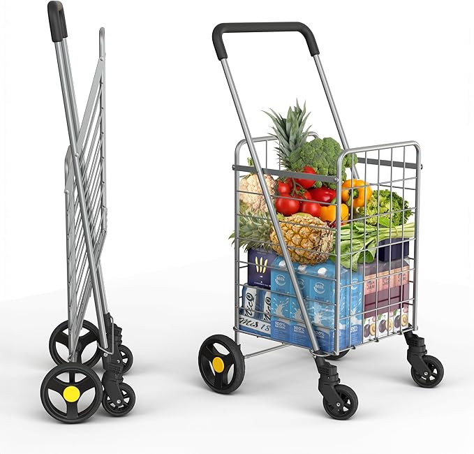 Our Modern Space Shopping Cart & 360Â° Swivel Wheels | Foldable Collapsible & Lightweight | Perfect for Groceries Laundry Utility Cart - Silver