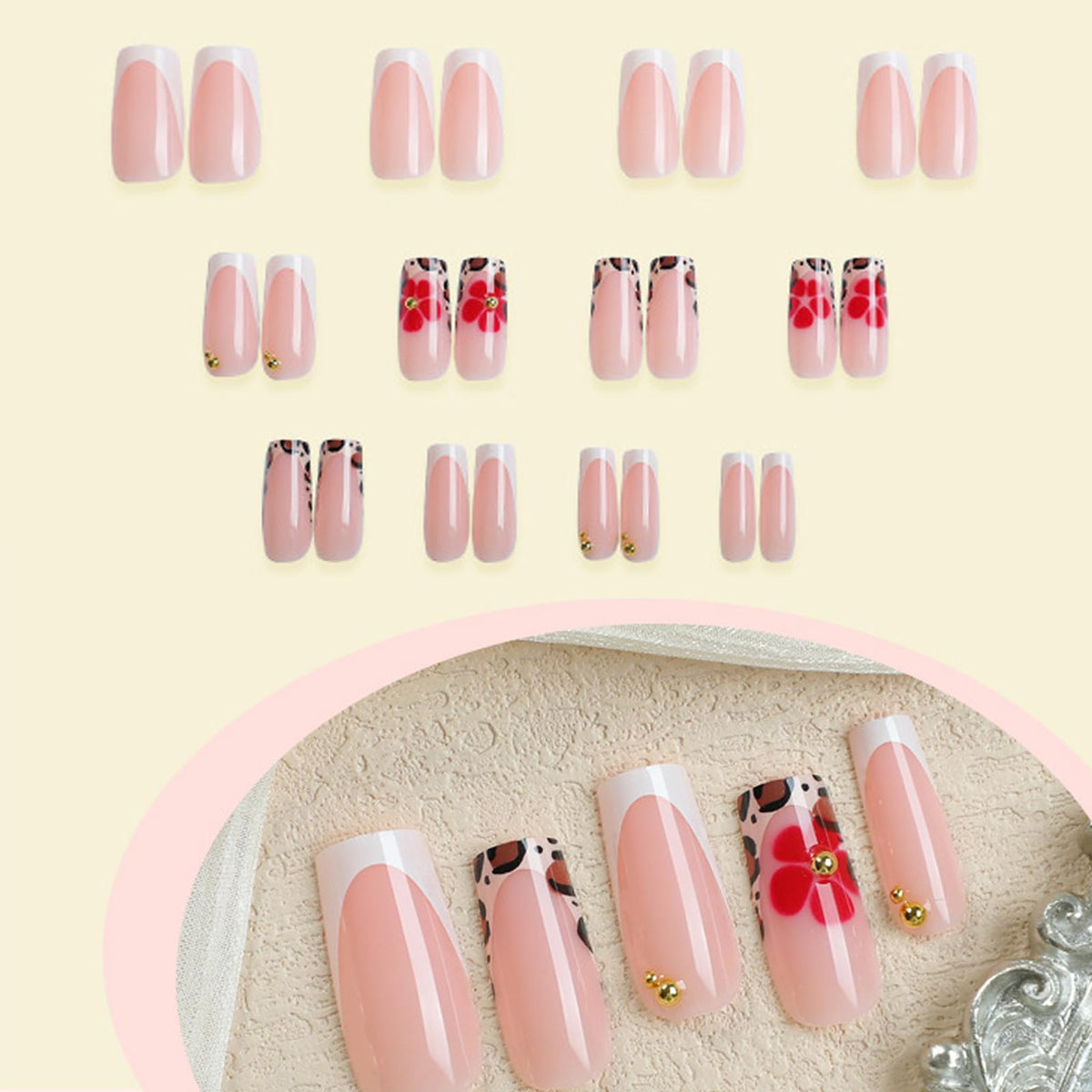 IMSOHOT Press on Nails Long Square Fake Nails - Leopard Print French Tips, Red Flower, Glossy Acrylic False Nails Glue Stick on Nails for Women Girls DIY Manicure Supplies